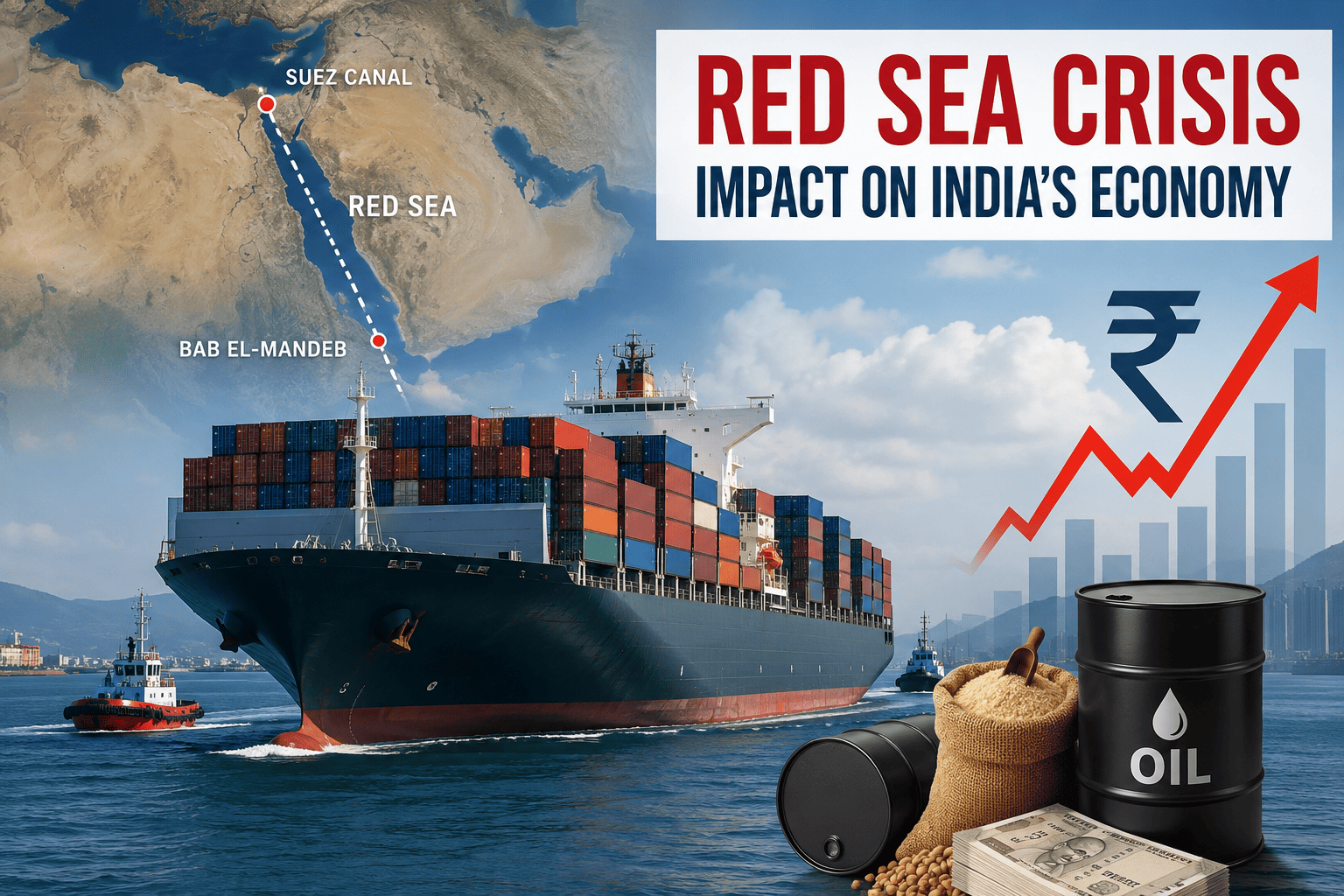 Cargo ships navigating a major international shipping route amid the Red Sea crisis affecting global trade and India.