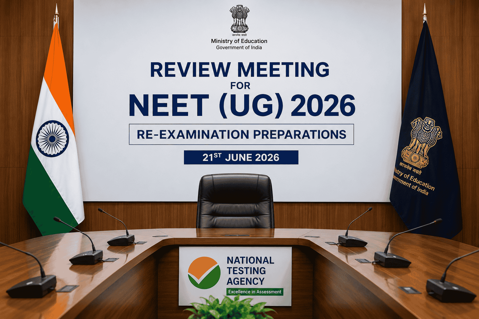 Union Education Minister Dharmendra Pradhan chairs review meeting for NEET UG 2026 re-examination preparations.