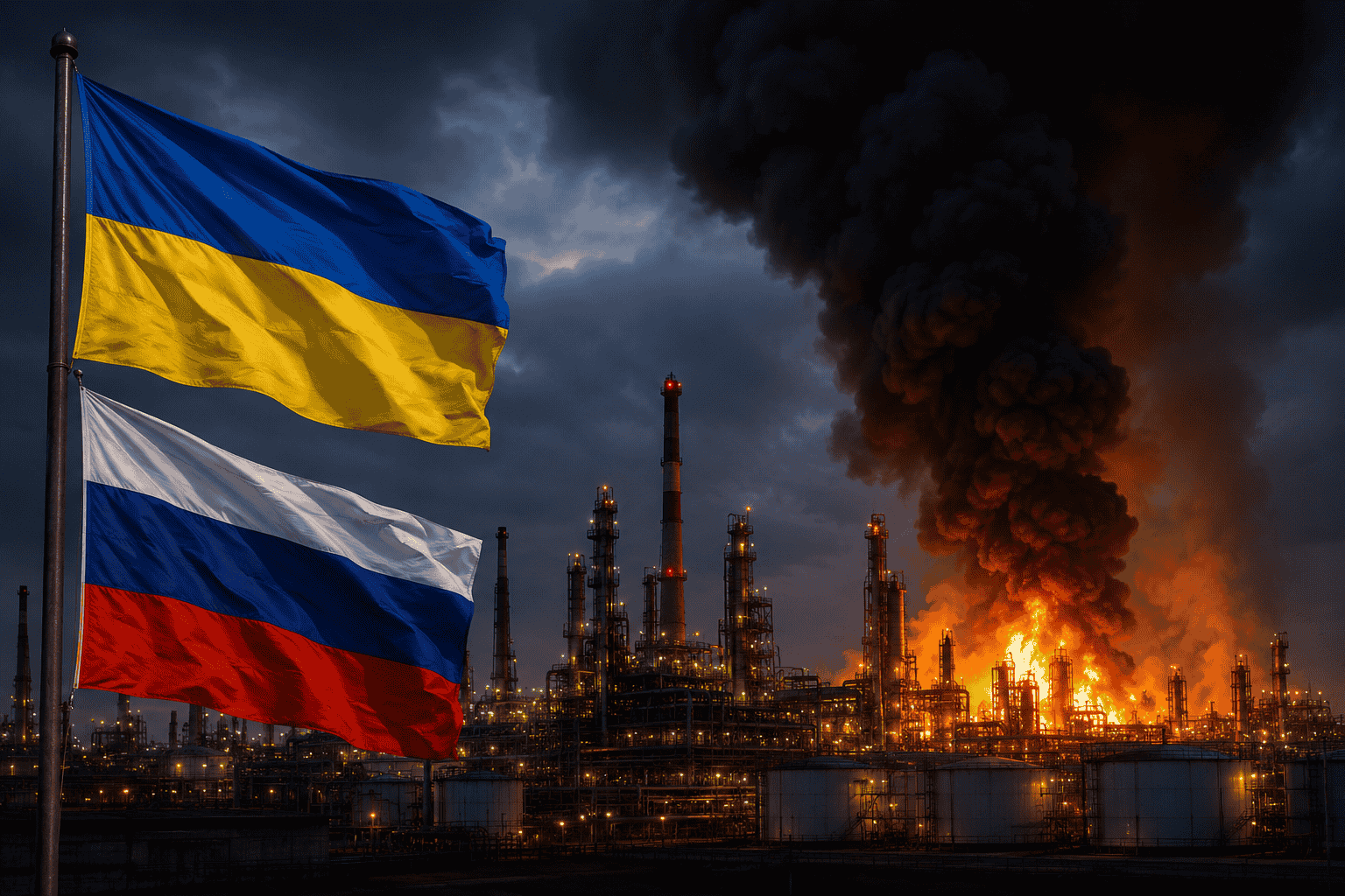 Smoke rises above Moscow oil refinery after Ukrainian drone strike. (AI generated)