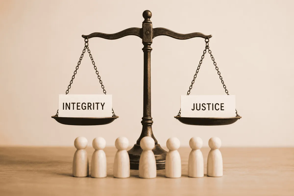 Silhouette of a lone woman standing before the scales of justice symbolizing integrity and accountability