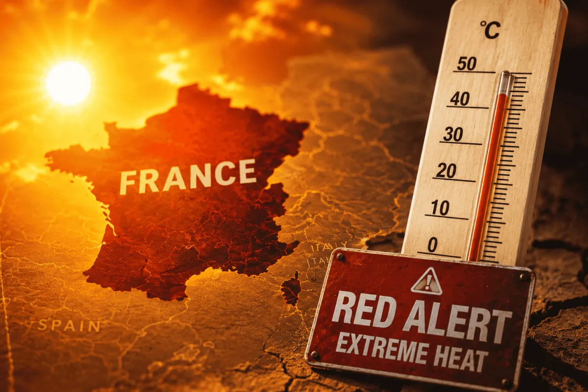 Emergency responders monitor a river during France's deadly heatwave as red alerts remain in effect.