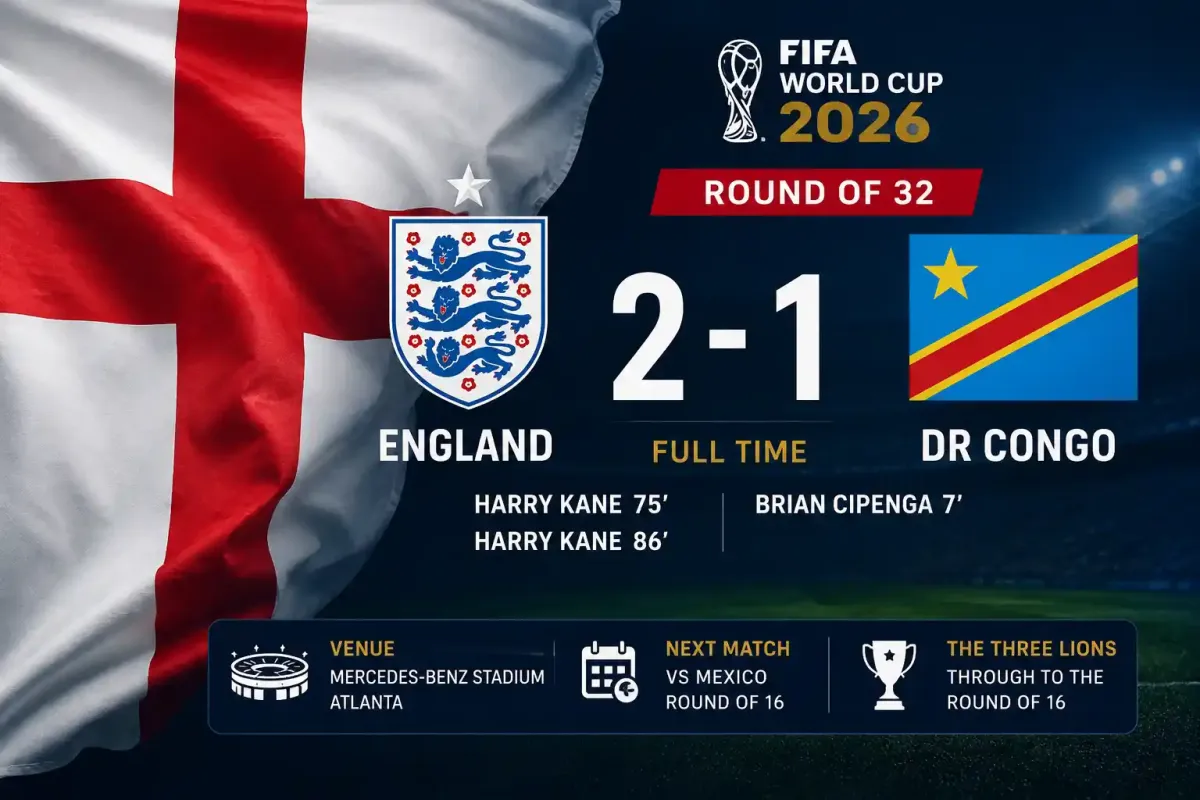 Harry Kane celebrates after scoring twice in England's 2-1 comeback win over DR Congo at the FIFA World Cup 2026.