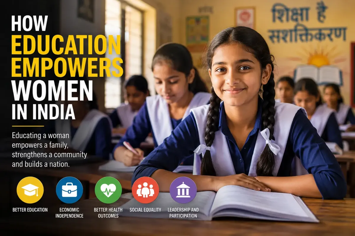 Indian schoolgirls attending a classroom, highlighting the role of education in women's empowerment.