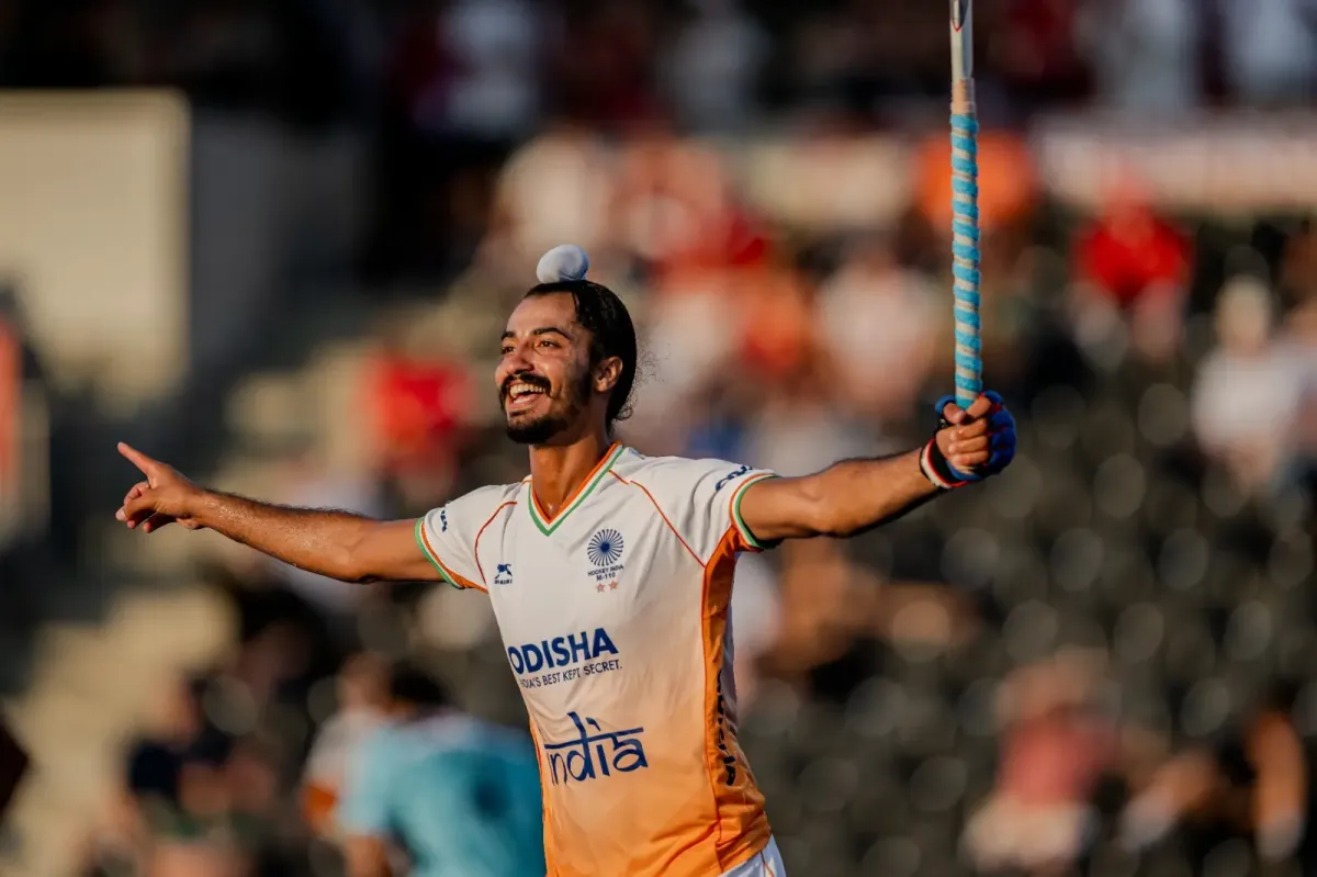 India men's hockey team celebrates victory during the FIH Hockey Pro League 2025–26 European leg.