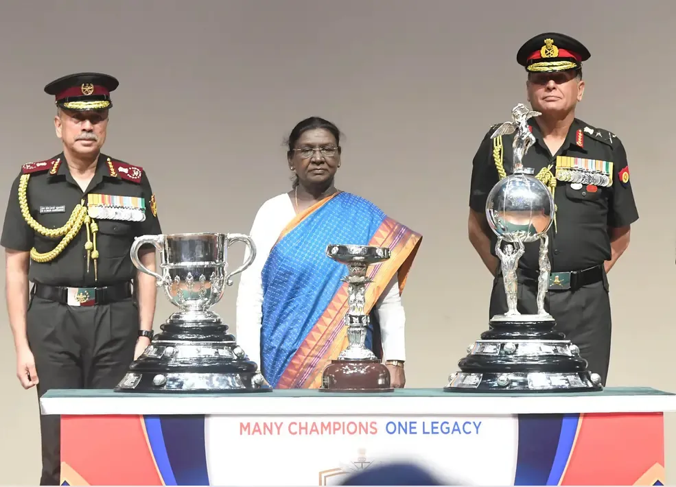 President Droupadi Murmu unveils the Durand Cup 2026 trophies at Rashtrapati Bhavan Cultural Centre.