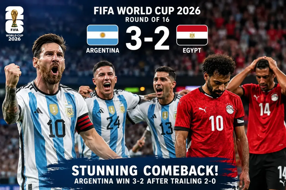 Lionel Messi celebrates as Argentina complete a dramatic 3-2 comeback victory over Egypt in the FIFA World Cup 2026 Round of 16.