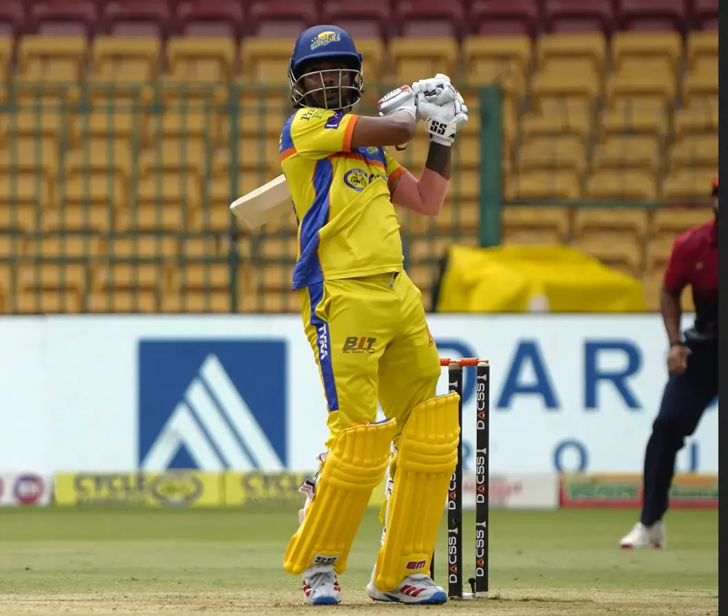 Vyshak Vijaykumar celebrates after leading Mysuru Warriors to a playoff-clinching win over Shivamogga Yodhas in the Maharaja Trophy KSCA T20.