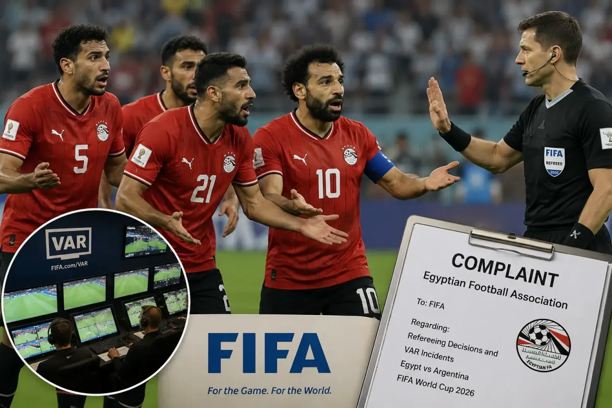 Egypt players protest after a controversial VAR decision during the FIFA World Cup 2026 match against Argentina.