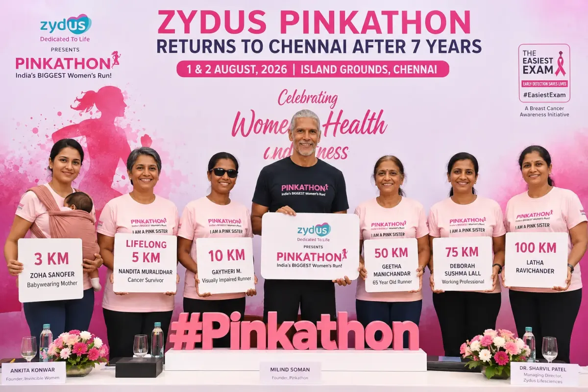 Milind Soman and organisers launch Zydus Pinkathon Chennai 2026 promoting women's fitness and breast cancer awareness.
