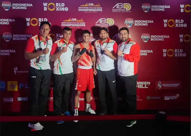 Indian U-23 men's boxers celebrate after securing six assured medals at the Asian U-19 & U-23 Boxing Championships in Jakarta.