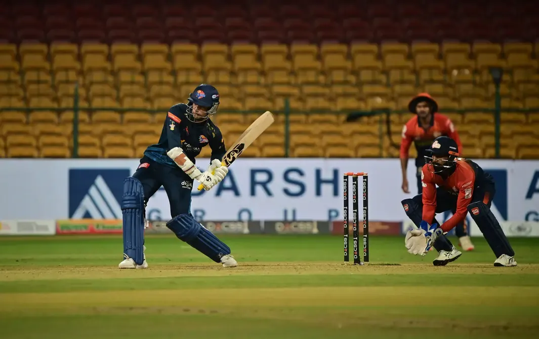 Bengaluru Blasters captain Shubhang Hegde celebrates after guiding his team into the DACCS Maharaja Trophy KSCA T20 final.