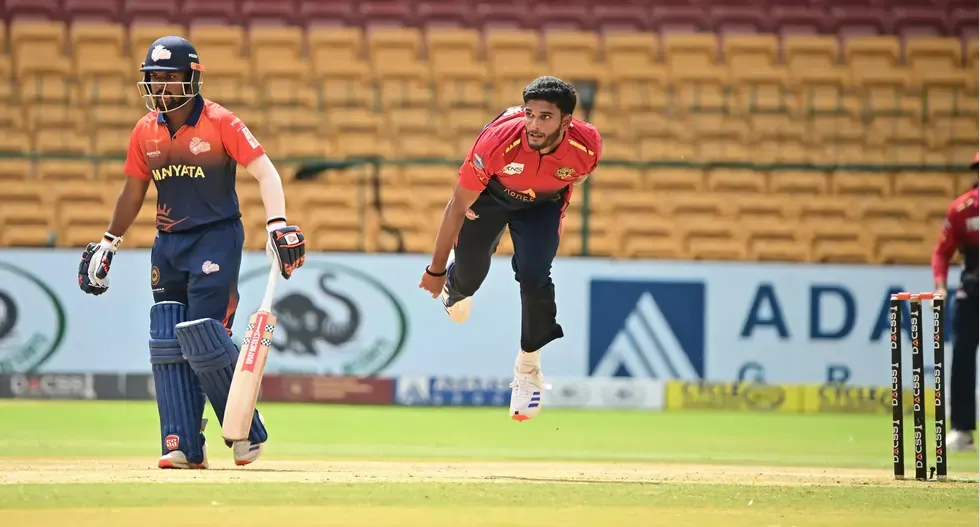 Aneesh KV celebrates after guiding Shivamogga Yodhas into the DACCS Maharaja Trophy KSCA T20 final.