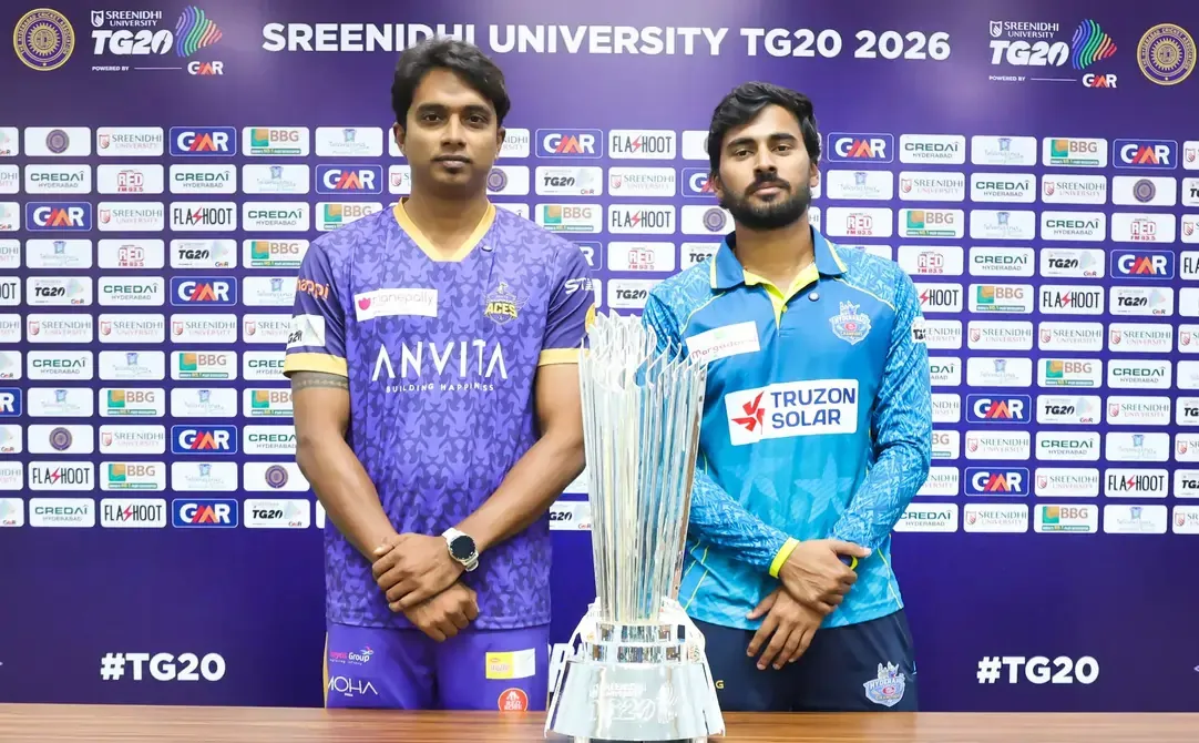 Captains CV Milind and Abhirath Reddy pose with the Sreenidhi University TG20 trophy ahead of the inaugural final in Hyderabad.