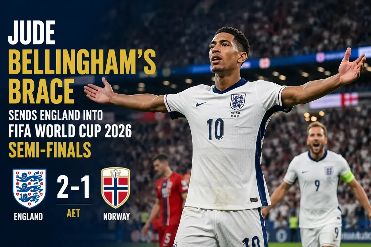 Jude Bellingham celebrates after scoring the extra-time winner for England against Norway in the FIFA World Cup 2026 quarter-final.