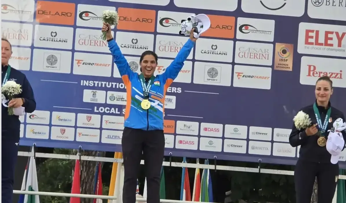 Neeru Dhanda celebrates after winning the women's Trap gold medal at the ISSF World Cup in Lonato, Italy.