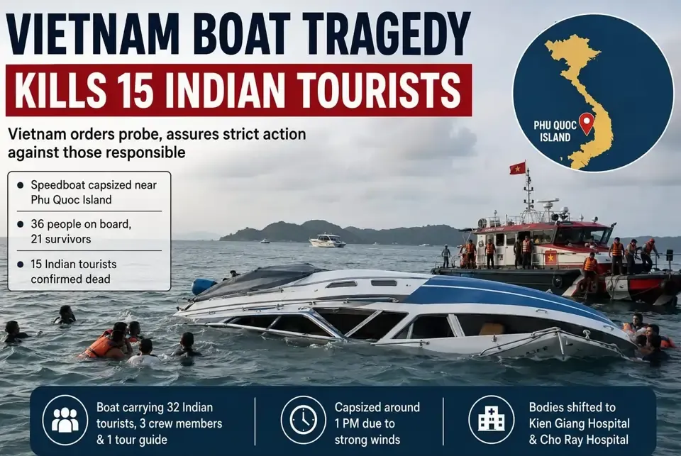 Rescue teams respond after a speedboat carrying Indian tourists capsized near Phu Quoc Island in Vietnam.