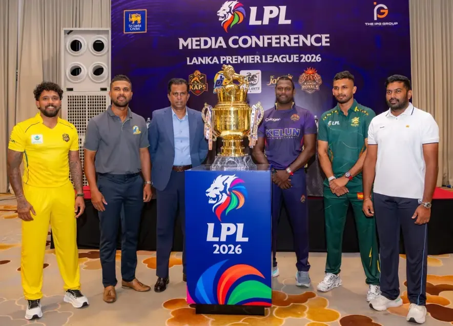 Lanka Premier League captains pose during the official LPL 2026 pre-season press conference.