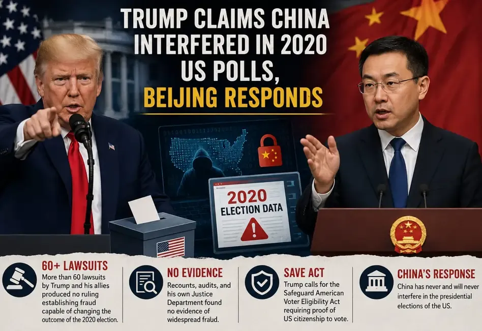 US President Donald Trump speaking at the White House on election security as China rejects interference allegations.