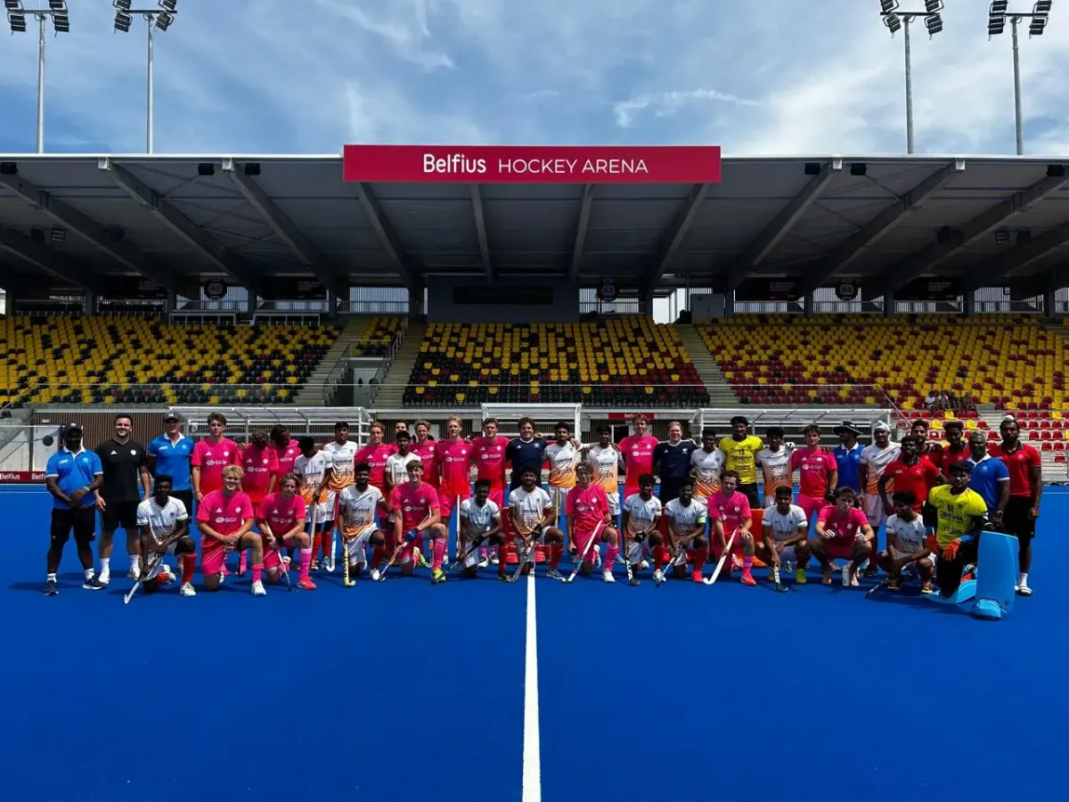 Indian Junior Men's Hockey Team celebrates victory over the Netherlands during the Belgium exposure tour.