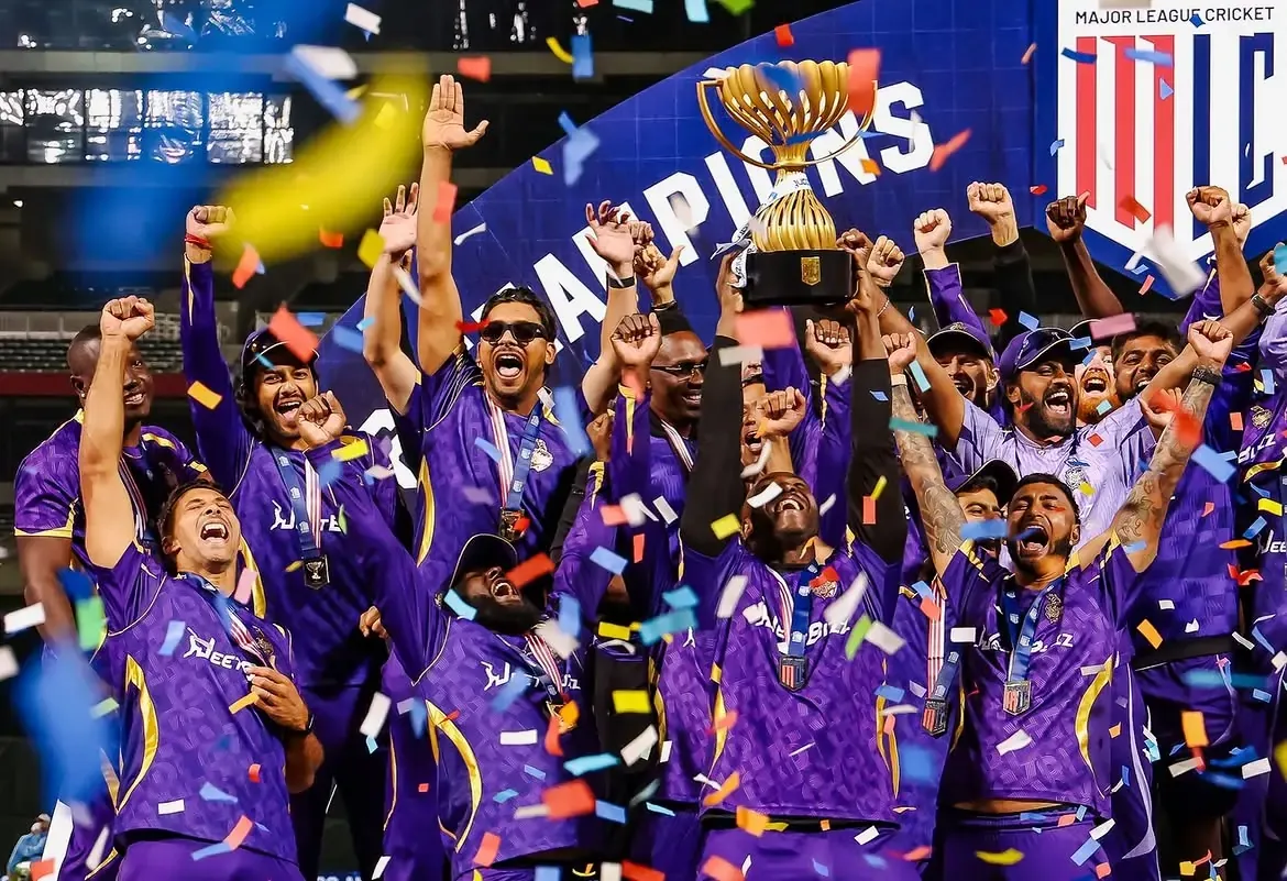 Los Angeles Knight Riders players celebrate after winning the Major League Cricket 2026 title.