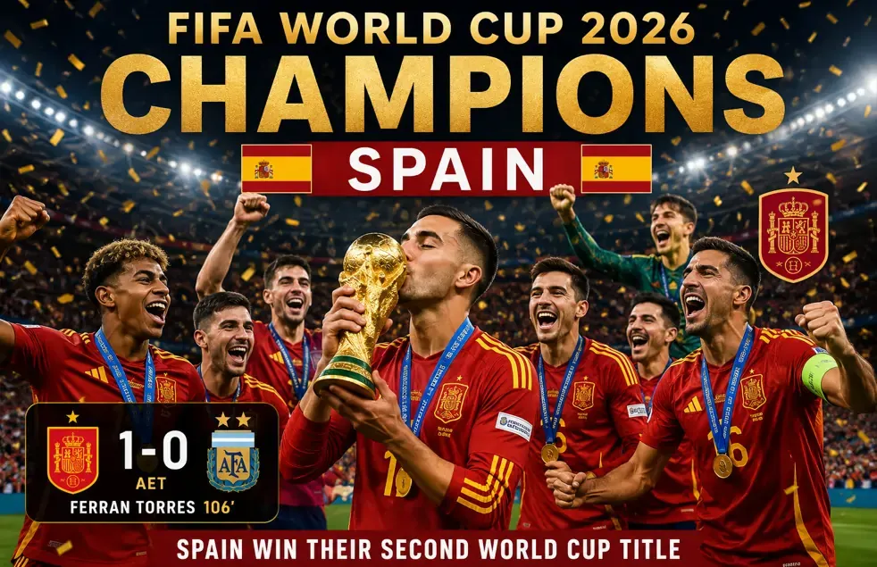 Spain players celebrate after defeating Argentina to win the FIFA World Cup 2026 final.