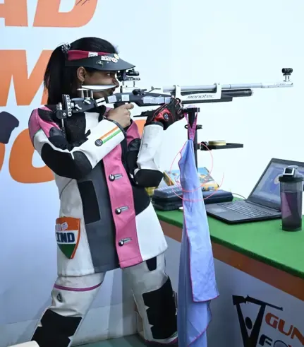Sainyam celebrates after winning silver in the Women's 10m Air Pistol event at the ISSF World Cup Hangzhou 2026.