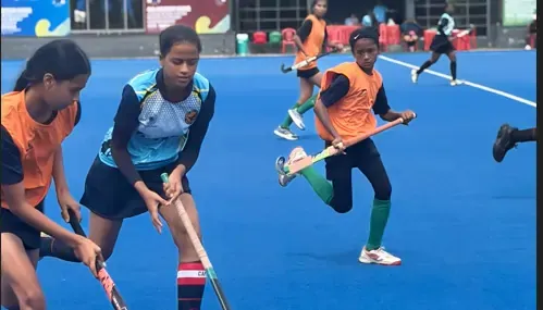 Players compete during the opening day of the Hockey India Junior Women Academy Championship 2026 in Gwalior.