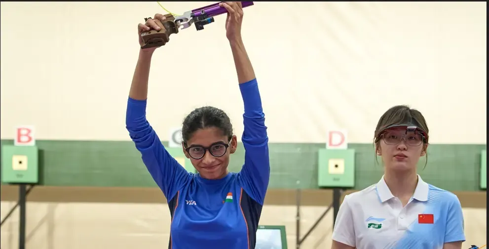 Sainyam celebrates after winning silver in the Women's 10m Air Pistol event at the ISSF World Cup Hangzhou 2026.