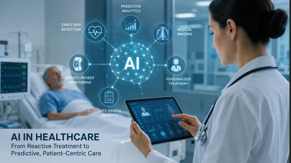 Doctors using AI-powered healthcare technology to improve predictive patient care.