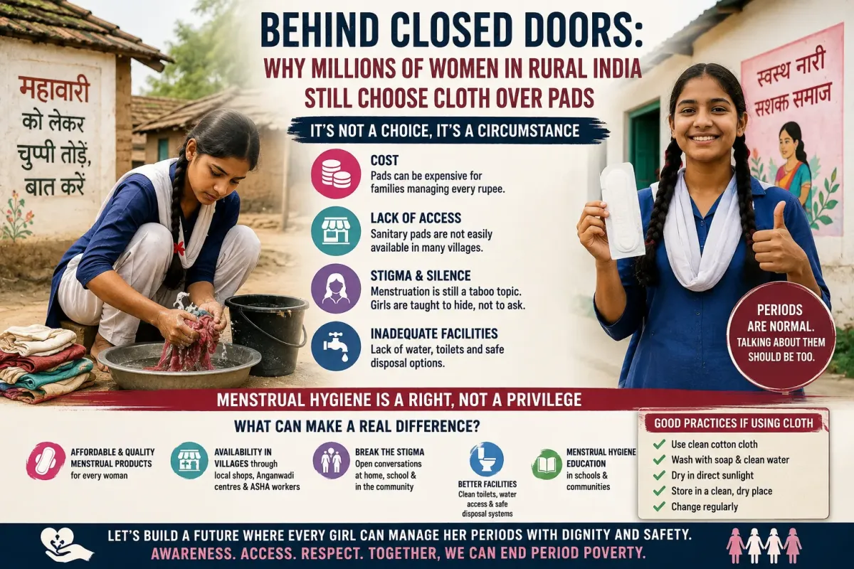 Rural Indian woman managing menstrual hygiene with reusable cotton cloth