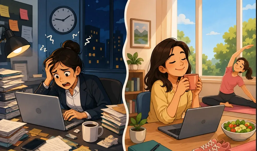 Professional taking a break from work to maintain workplace wellbeing and work-life balance