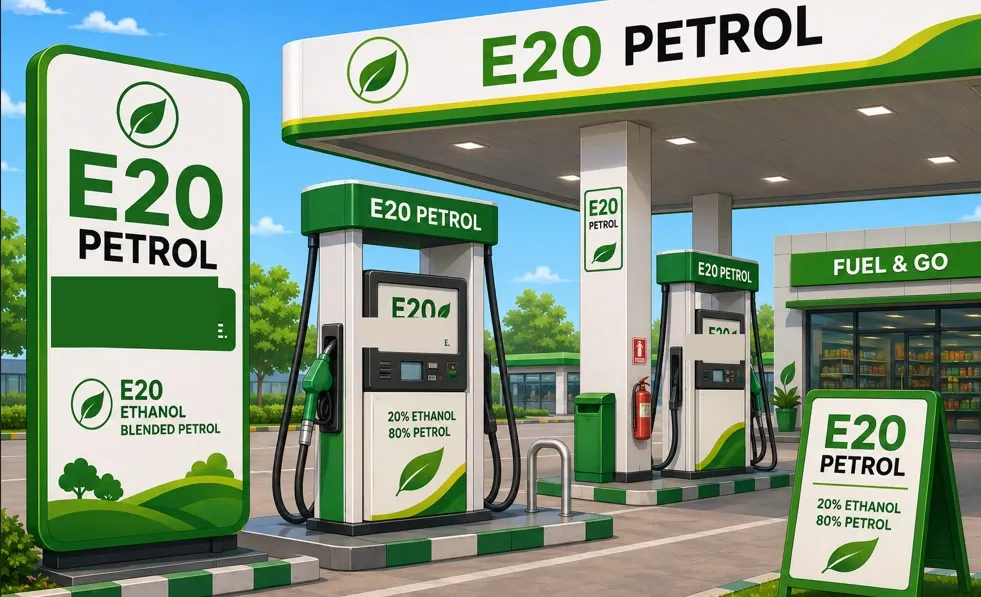 E20 petrol dispenser at a fuel station representing India's ethanol blending programme and petrol pricing debate