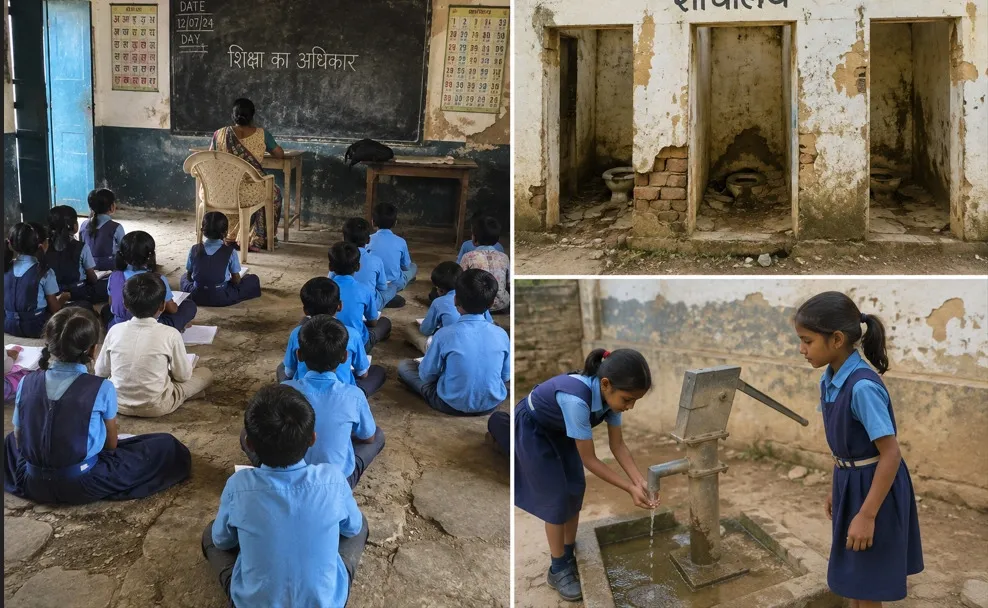 Poor school infrastructure showing damaged toilets and inadequate classroom facilities in an Indian primary school
