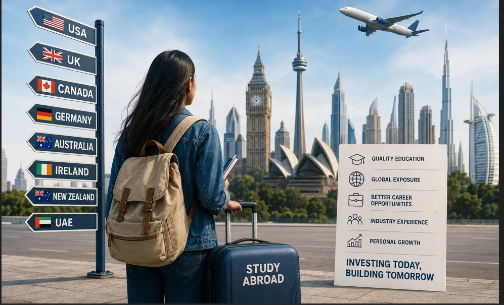 Indian student preparing to study abroad with a globe and international university destinations