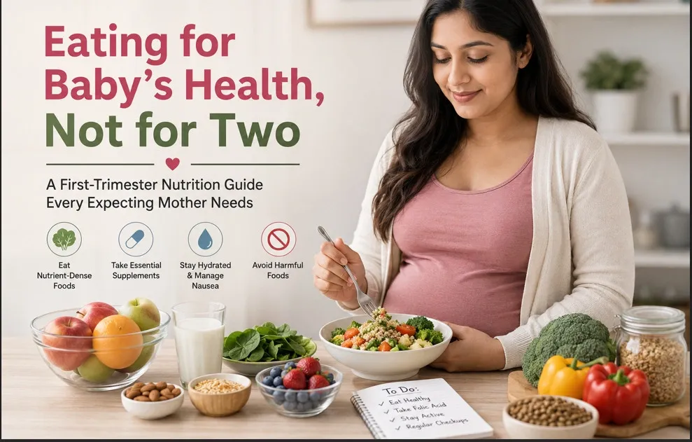 First-trimester pregnancy nutrition guide showing healthy foods and nutrient-rich meal choices for expecting mothers