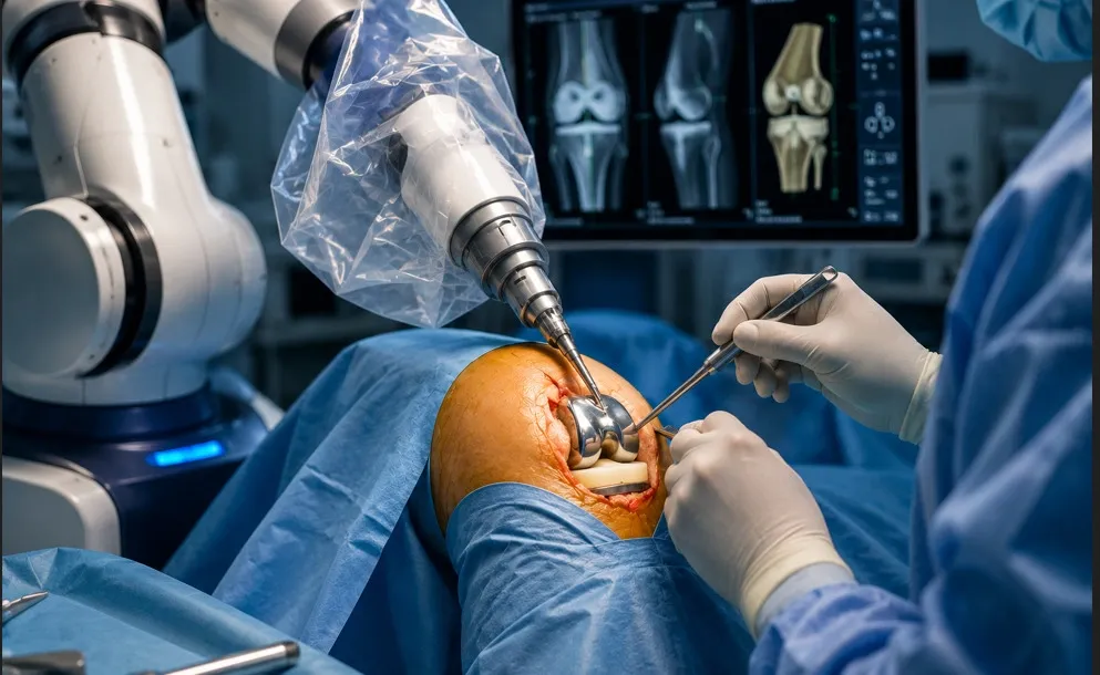 Robotic-assisted knee replacement surgery using advanced surgical technology for precise implant positioning