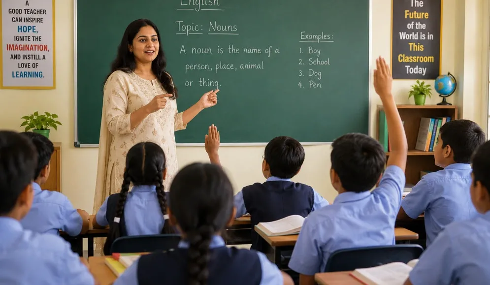 Indian teacher teaching students in a classroom