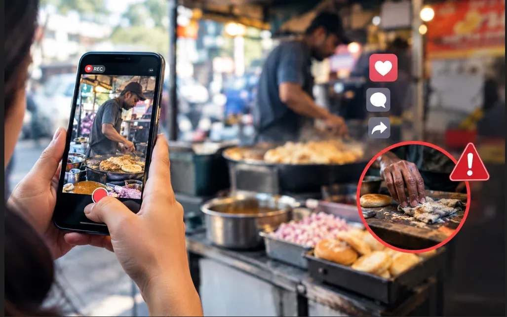 Food influencer filming street food while food hygiene and safety remain a concern