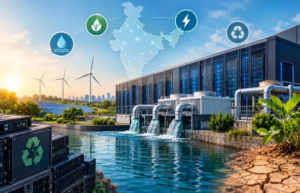 Data centre infrastructure illustrating the environmental impact of water consumption, energy use and cooling systems in India