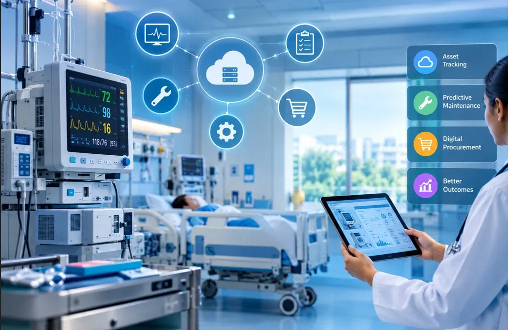 Modern hospital medical equipment connected to digital monitoring and hospital management systems