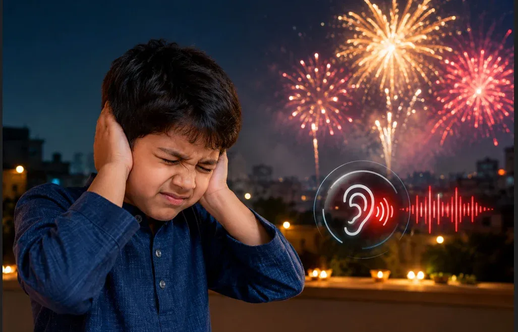 Firecrackers bursting during Diwali celebrations with a person covering their ears to protect against loud noise