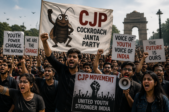 Supporters of the Cockroach Janta Party gather during a youth-led protest in New Delhi.