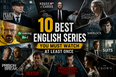 Collage featuring posters of the 10 best English television series to watch.