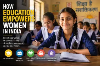 Indian schoolgirls attending a classroom, highlighting the role of education in women's empowerment.