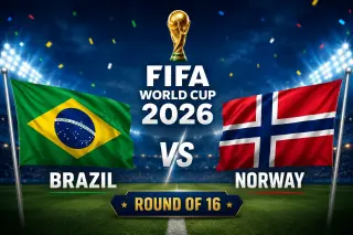 Brazil and Norway national flags ahead of their FIFA World Cup 2026 Round of 16 match.