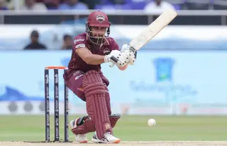 Tanmay Agarwal celebrates his century for Karimnagar Diamonds during the HCA Sreenidhi University TG20 match against Ranga Reddy Risers.