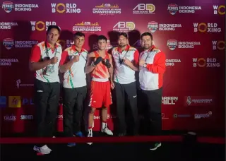 Indian U-23 men's boxers celebrate after securing six assured medals at the Asian U-19 & U-23 Boxing Championships in Jakarta.