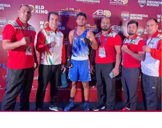 Indian U-19 boxers celebrate after securing six guaranteed medals at the Asian U-19 & U-23 Boxing Championships in Jakarta.