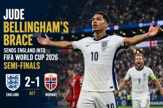 Jude Bellingham celebrates after scoring the extra-time winner for England against Norway in the FIFA World Cup 2026 quarter-final.