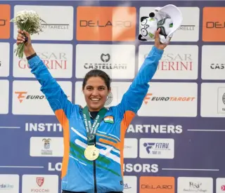 Indian shooter Neeru celebrates after winning the Women's Trap gold medal at the ISSF World Cup Shotgun Lonato 2026.